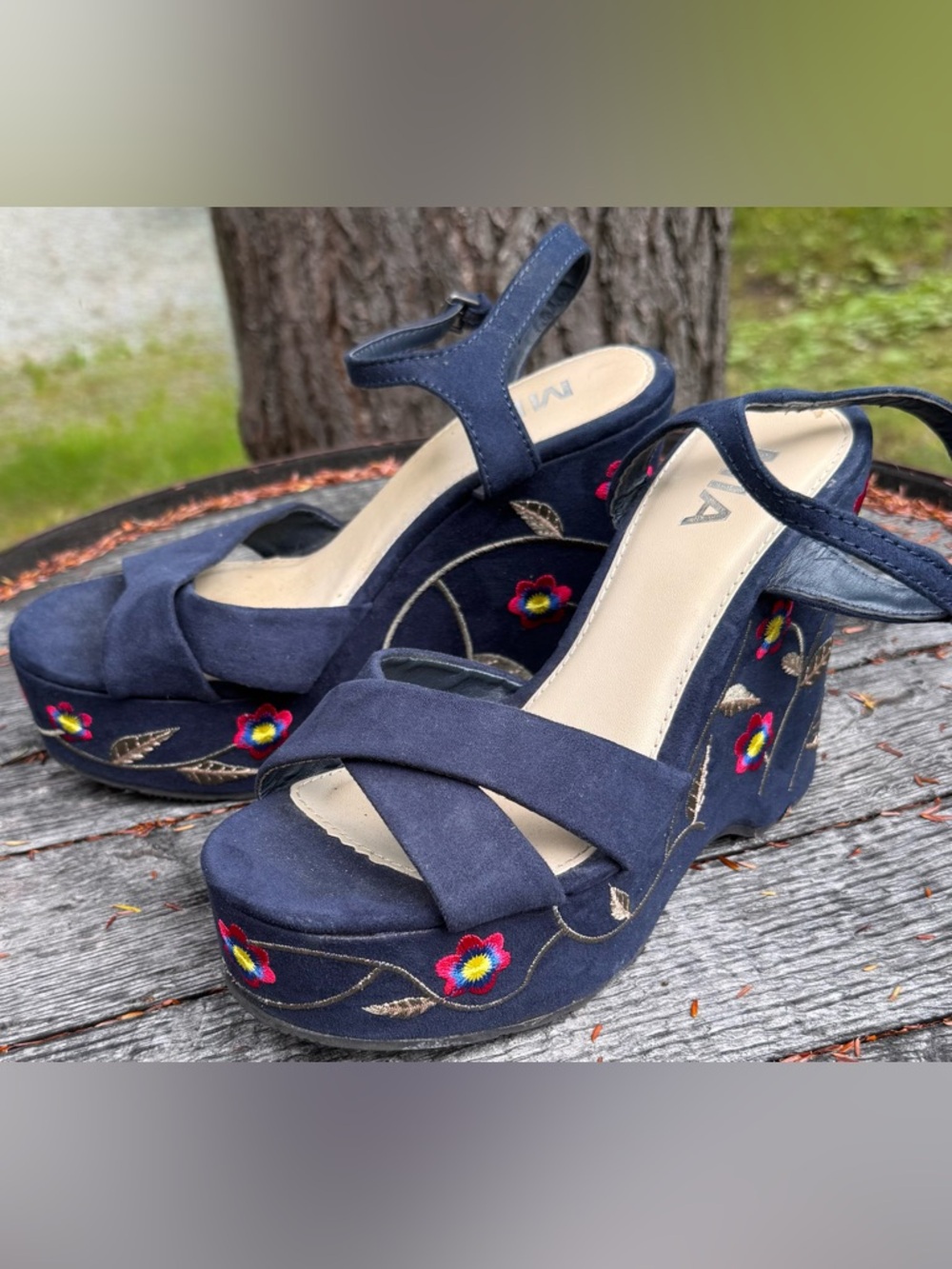 Women’s Mia Navy Suede Embroidered Wedge- Size 7.5